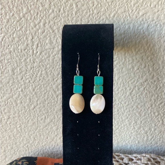Handmade Jewelry - Bohemian Shell Style and Turquoise Colored Glass Earrings